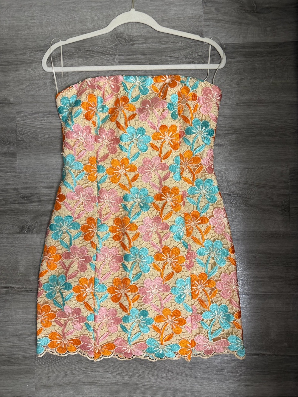 Endless Rose Strapless Floral Lace Mini Dress in Turquoise, Orange, Pink, Cream